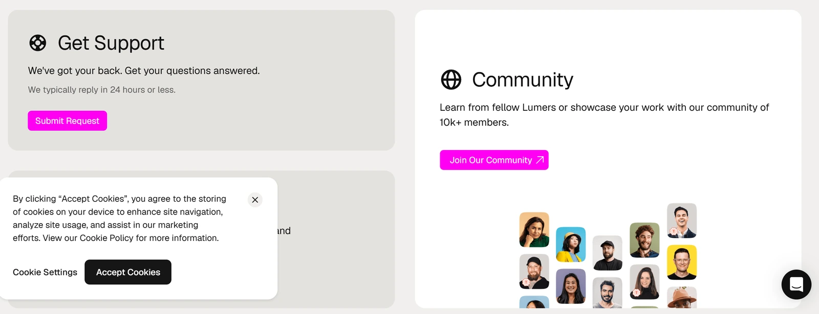 Relume's Get Support page with a Submit Request button, a Resources card and a Community card