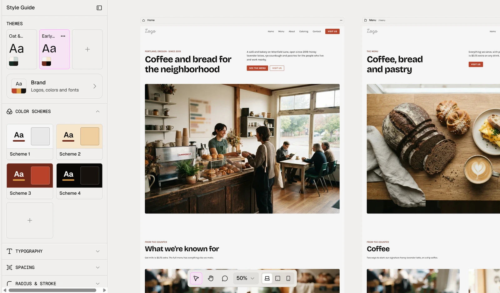 Relume's Style Guide with two themes and the cafe pages restyled in red and black after clicking Early Shift