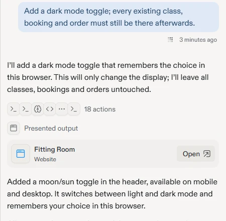 Replit: Replit's chat after the dark mode change: the Agent says it added a moon and sun toggle and compared every class, booking and order before and after.
