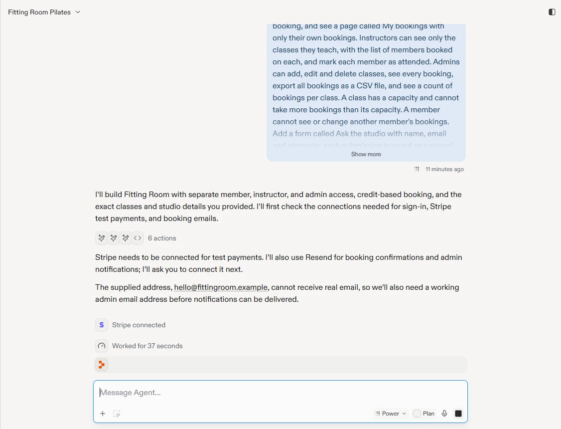 Replit: The Agent's first reply in Replit's chat: it says it will build Fitting Room, that Stripe is connected after 37 seconds of work, and that it needs a working admin email address.