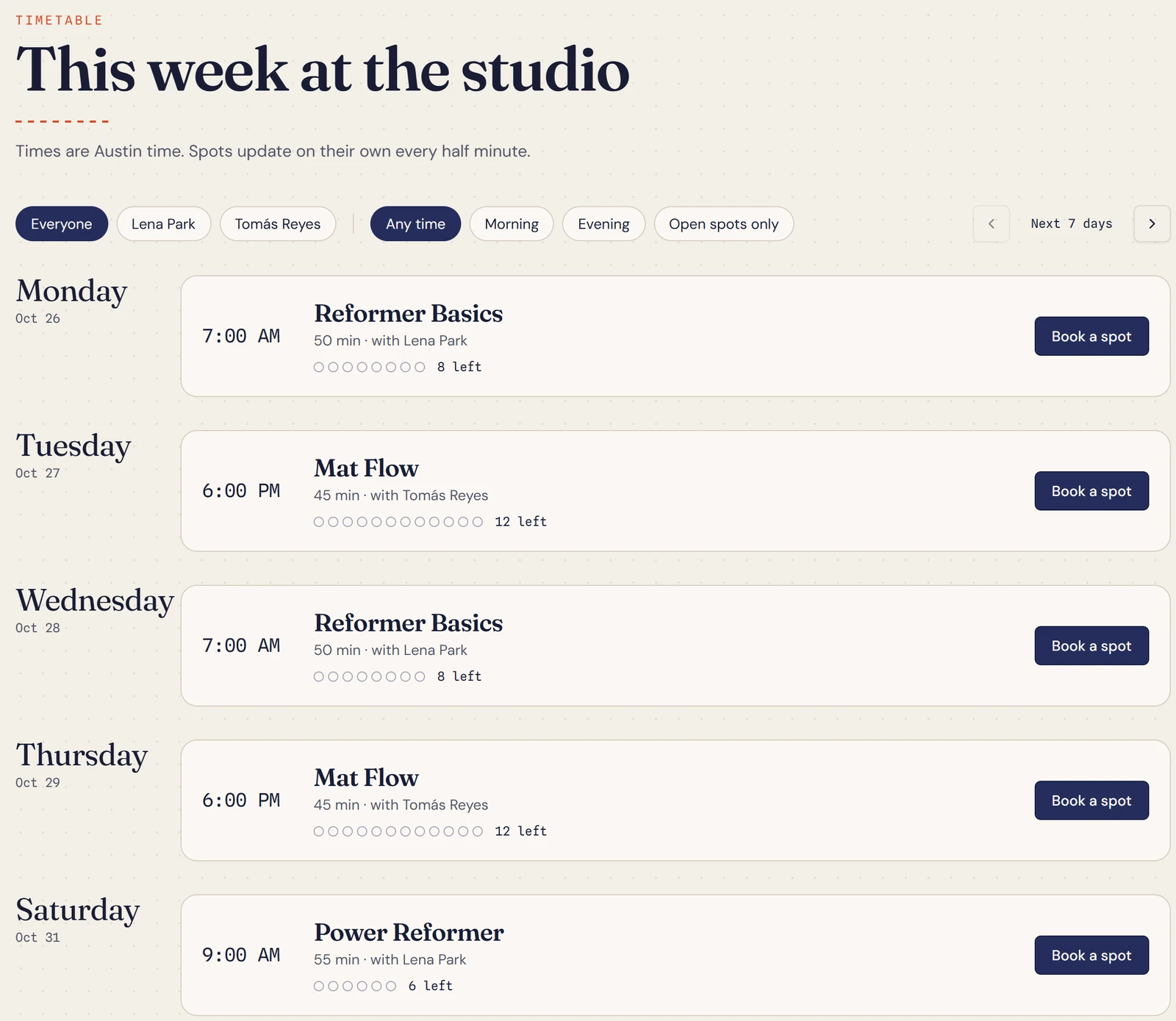 Replit: The member timetable of the Fitting Room app in a private preview: Reformer Basics, Mat Flow and Power Reformer with instructor, length and places left, and filters by coach.