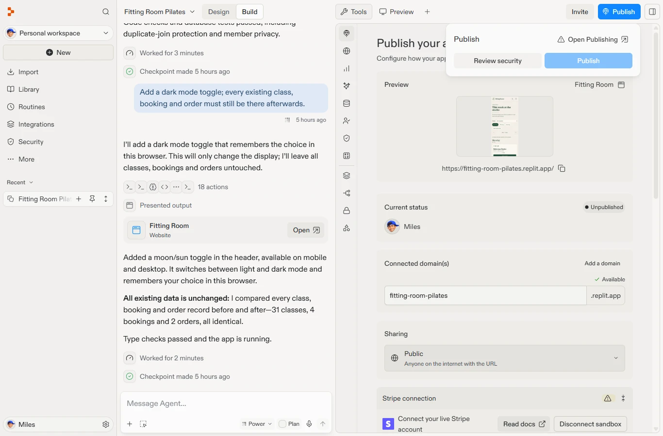 Replit: Replit's Publish menu after the Stripe test account was claimed: the Publish button is greyed out, next to Review security and Open Publishing.