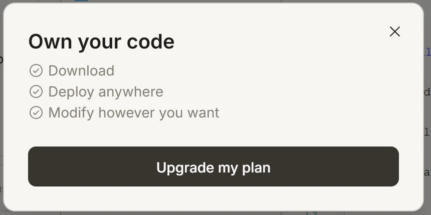 rocket.new code view with a window titled Own your code, listing Download, Deploy anywhere and Modify however you want, and an Upgrade my plan button