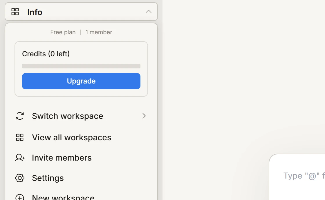 rocket.new workspace menu showing Free plan, 1 member, Credits 0 left and an Upgrade button