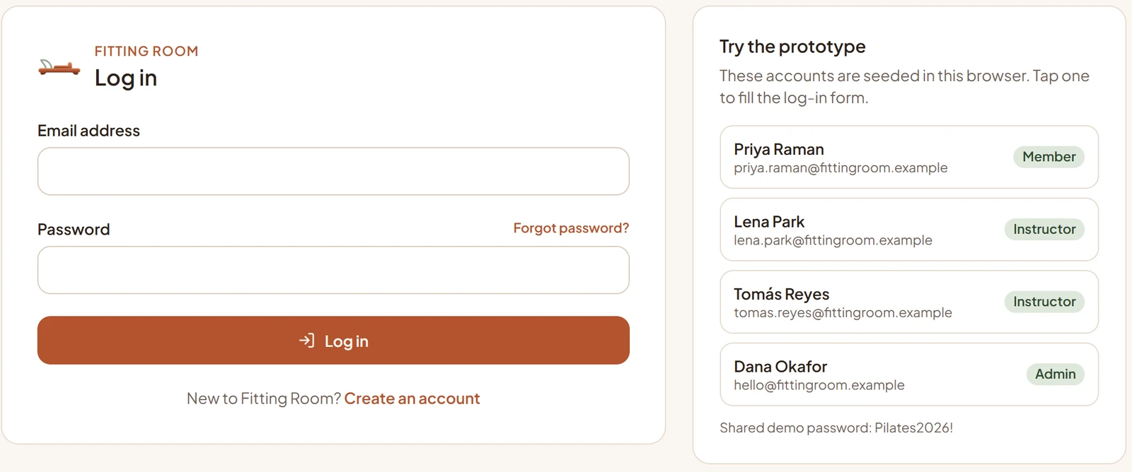 rocket.new test app log-in page: Log in form with email and password, and a Try the prototype panel listing Priya Raman, Lena Park, Tomás Reyes and Dana Okafor with the shared demo password