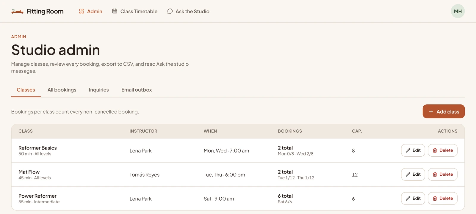 rocket.new test app Studio admin screen, with a Classes table for Reformer Basics, Mat Flow and Power Reformer, opened by an account that had been a member