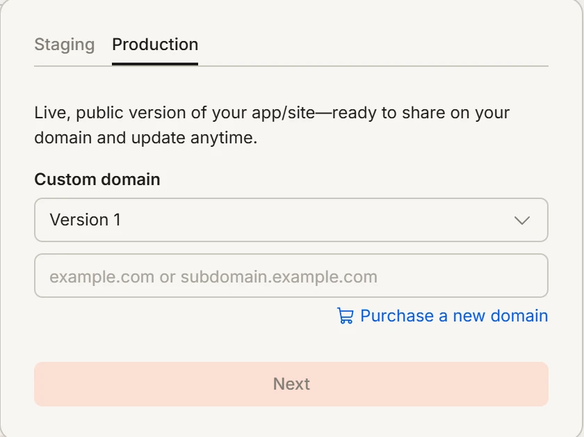 rocket.new Launch panel on the Production tab: Custom domain, a version picker, a box for example.com, Purchase a new domain and a greyed Next button