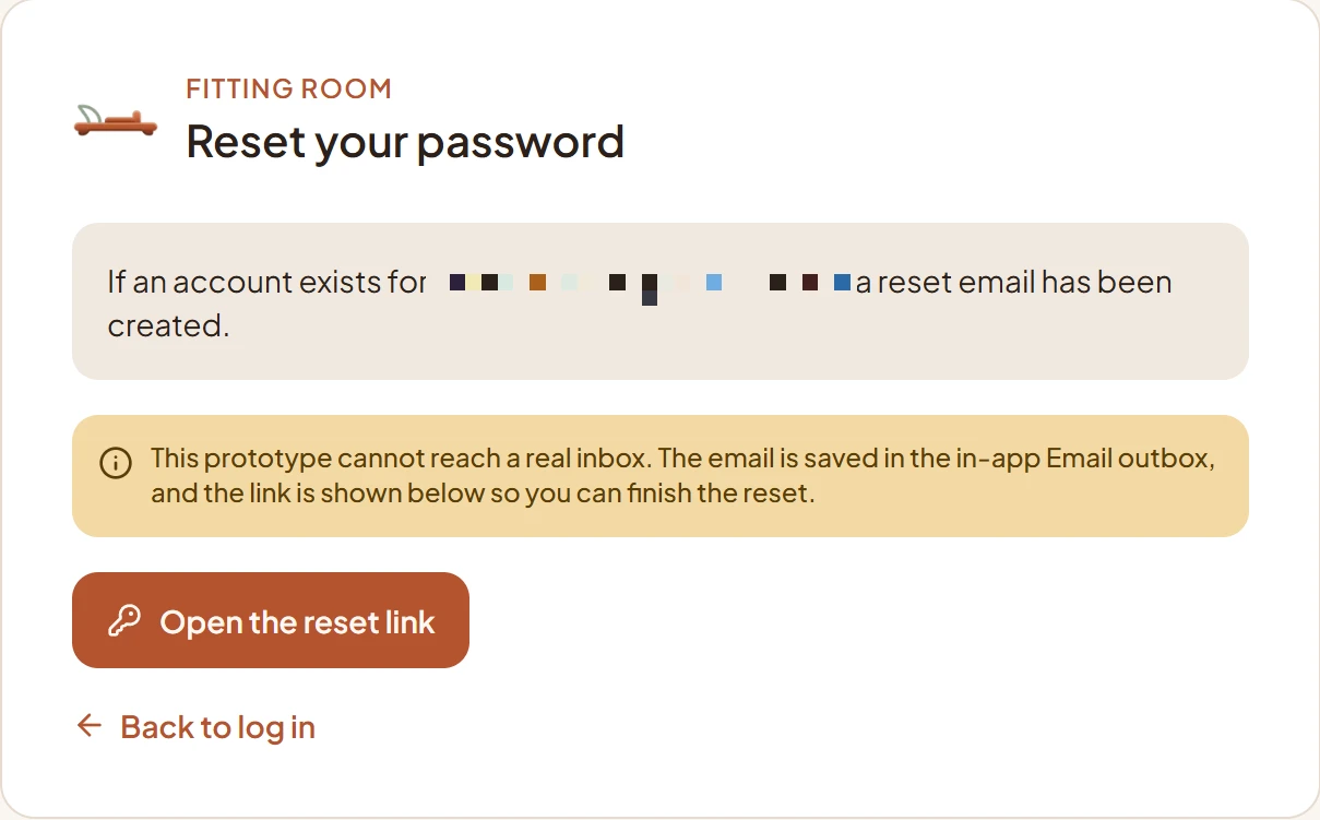 rocket.new test app Reset your password page saying the prototype cannot reach a real inbox, the email is saved in the in-app outbox, and the link is shown below, with an Open the reset link button