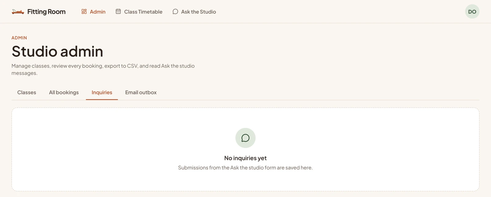 rocket.new test app Studio admin screen in a clean browser, on the Inquiries tab, showing No inquiries yet