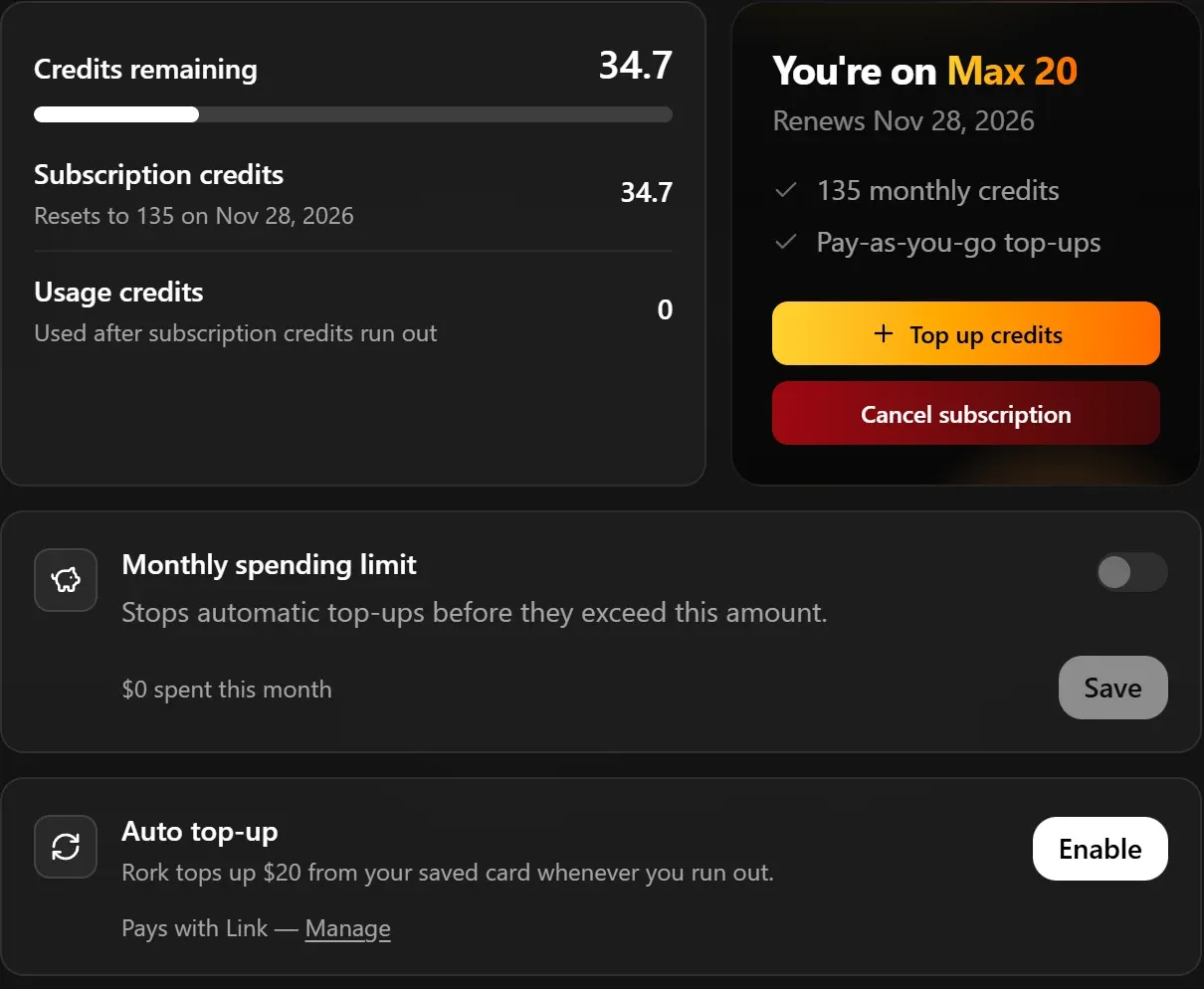 Rork Build Credits panel showing 34.7 credits remaining, the Max 20 plan renewing on 28 Nov 2026 with 135 monthly credits, a monthly spending limit switched off and an Auto top-up row with an Enable button