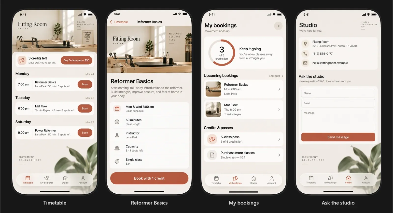 Rork Design view showing four phone screens for the Fitting Room app in cream and terracotta: Timetable, Reformer Basics, My bookings and Ask the studio