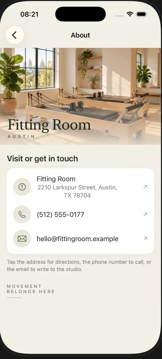 Phone screenshot of the About page in the Fitting Room app with the studio address 2210 Larkspur Street, phone (512) 555-0177 and email hello@fittingroom.example