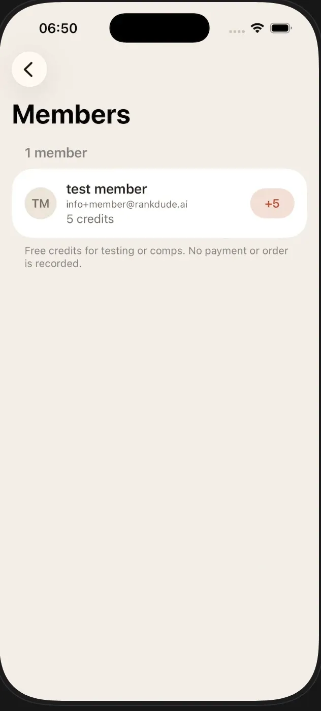Phone screenshot of the admin Members list in the Fitting Room app showing one member with 5 credits and a +5 button