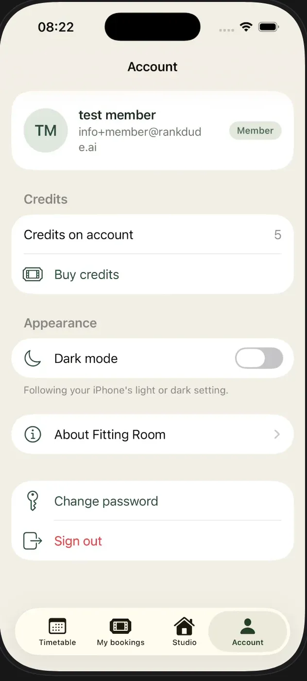 Phone screenshot of the Account tab with a Dark mode switch under Appearance, shown off
