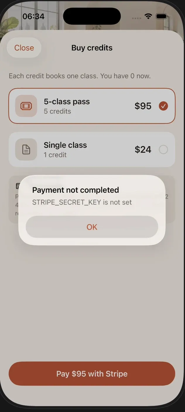 Phone screenshot of the Fitting Room app after pressing Pay $95 with Stripe, showing an error that the Stripe secret key is not set