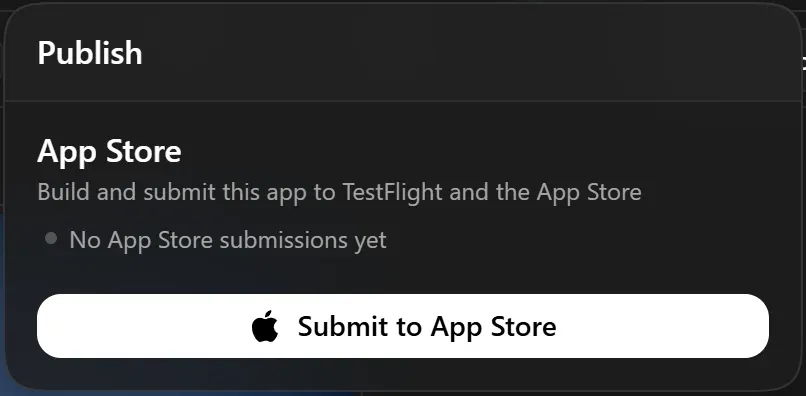 Rork Publish menu with one option, Submit to App Store, and the text No App Store submissions yet
