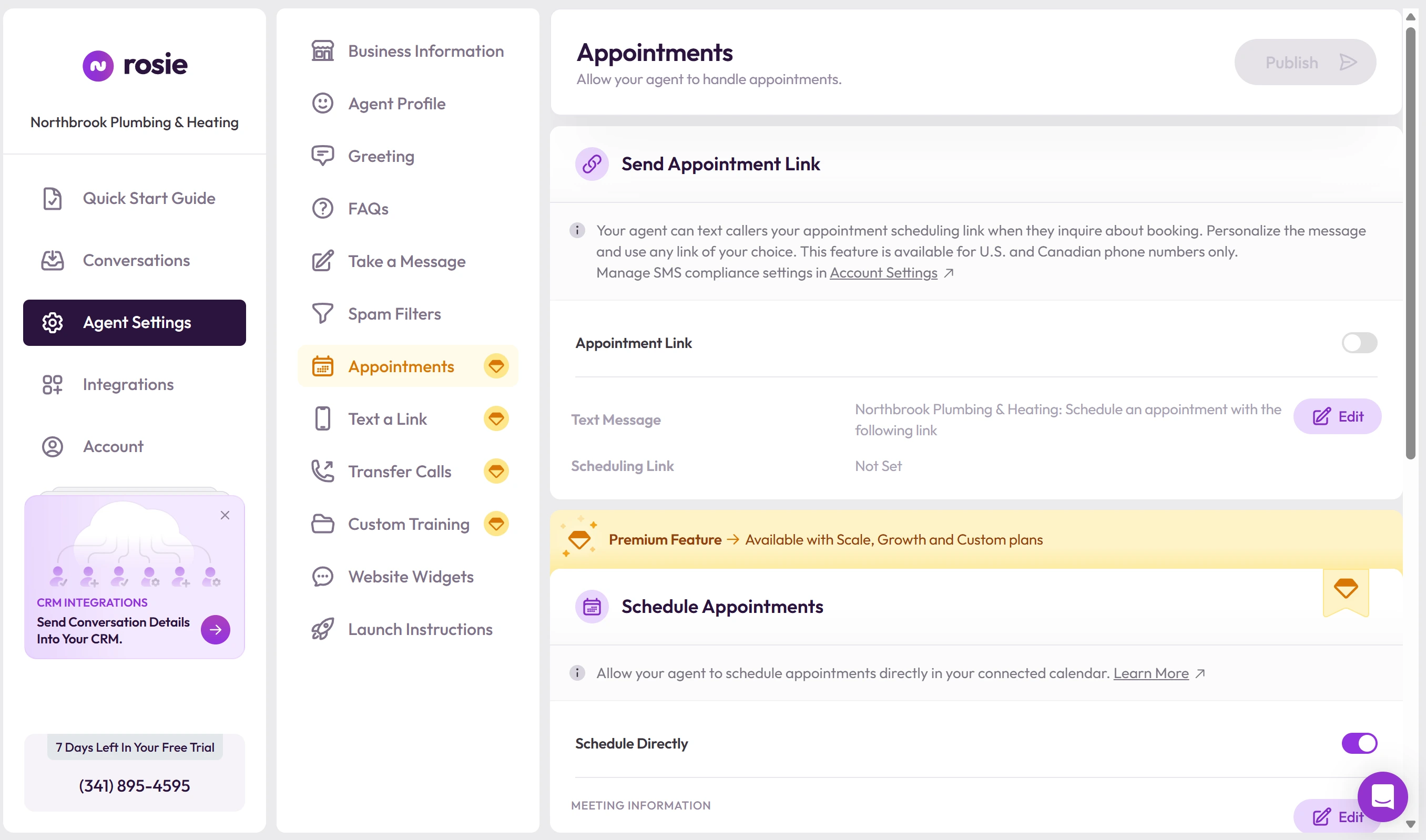 Rosie Appointments settings with Schedule Directly switched on for the Plumbing visit, 120 minutes