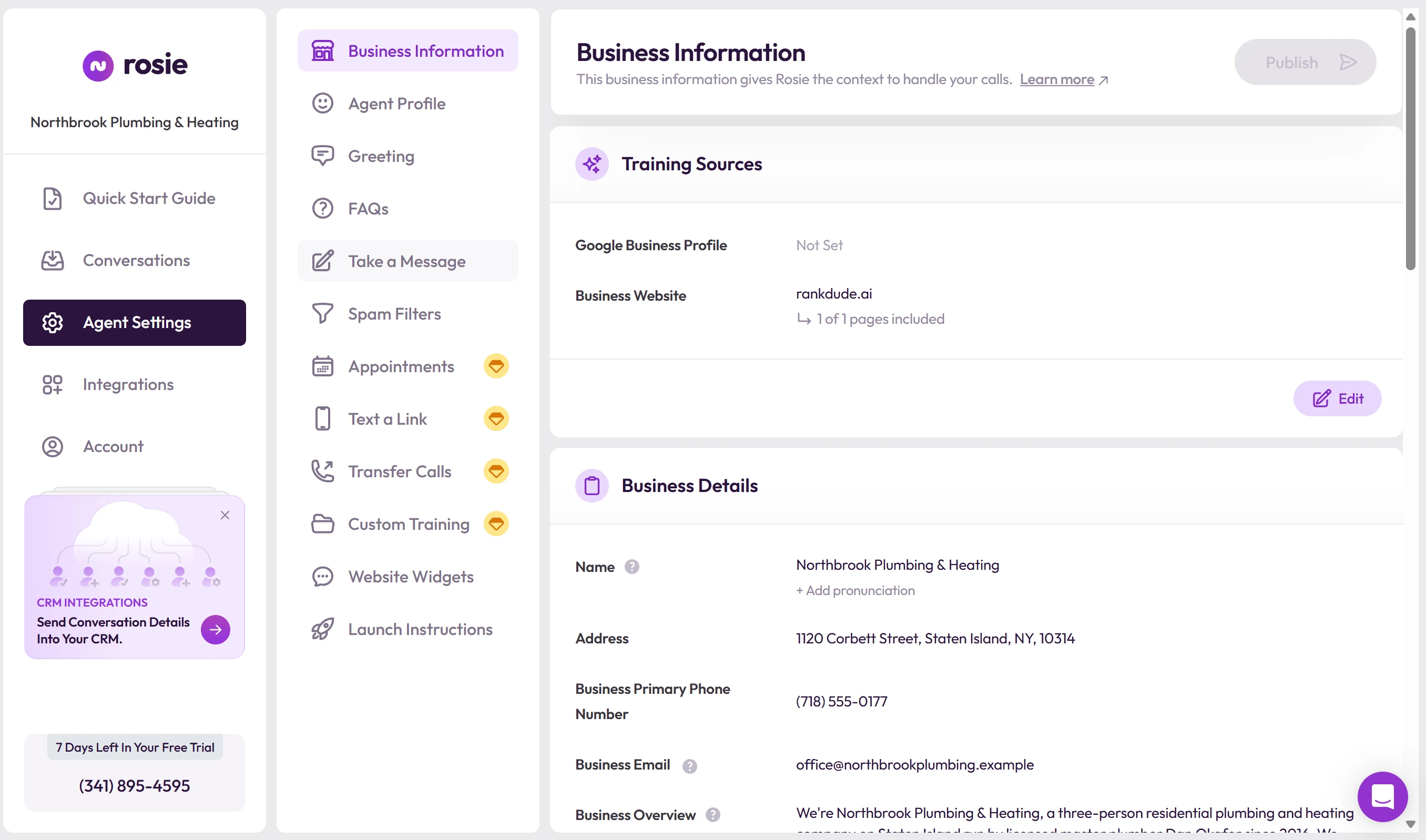 Rosie Business Information page with the business details it learned from the test page