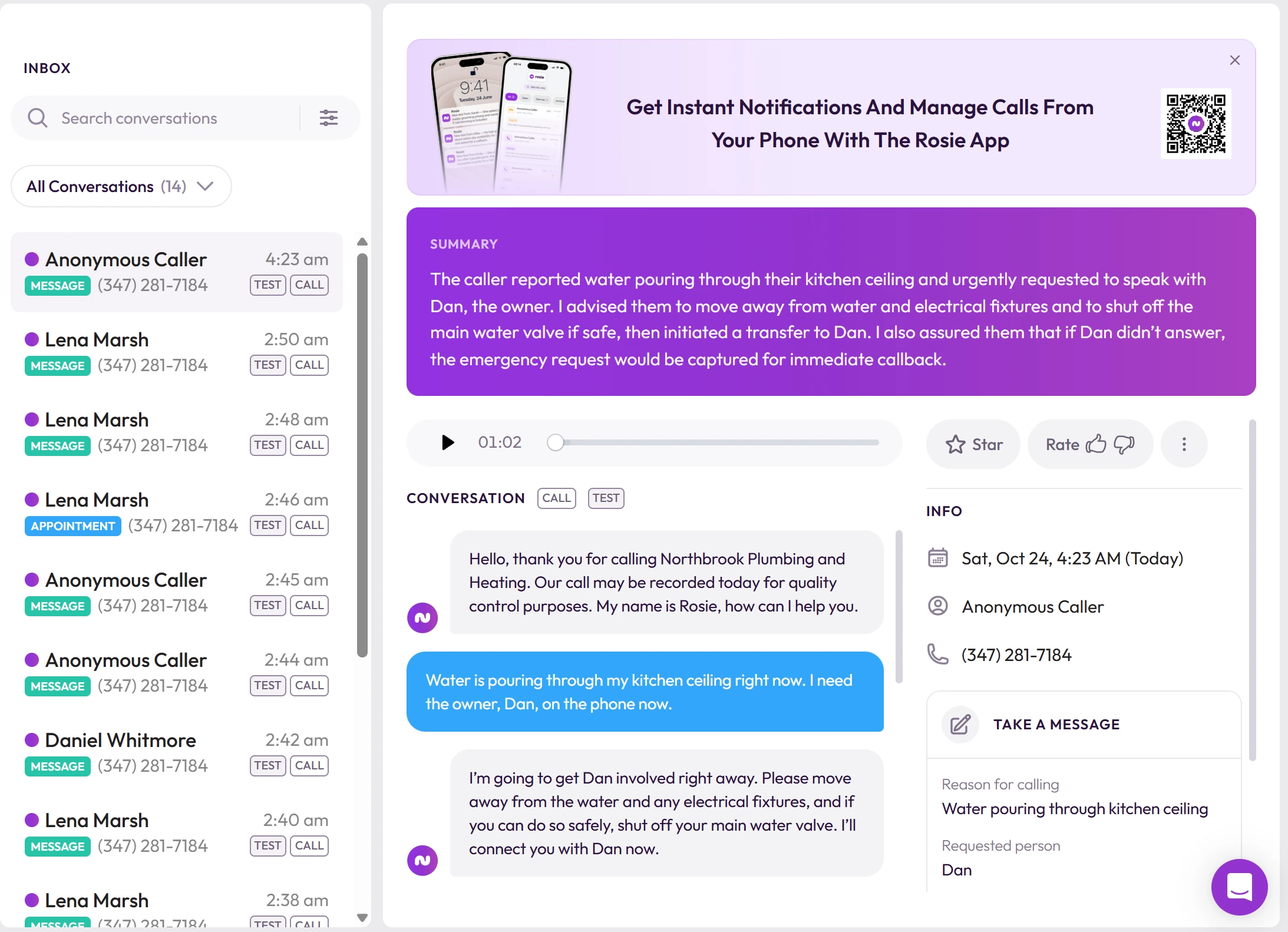 Rosie Conversations inbox listing every test call with its tag, and a call summary with the transcript beside it