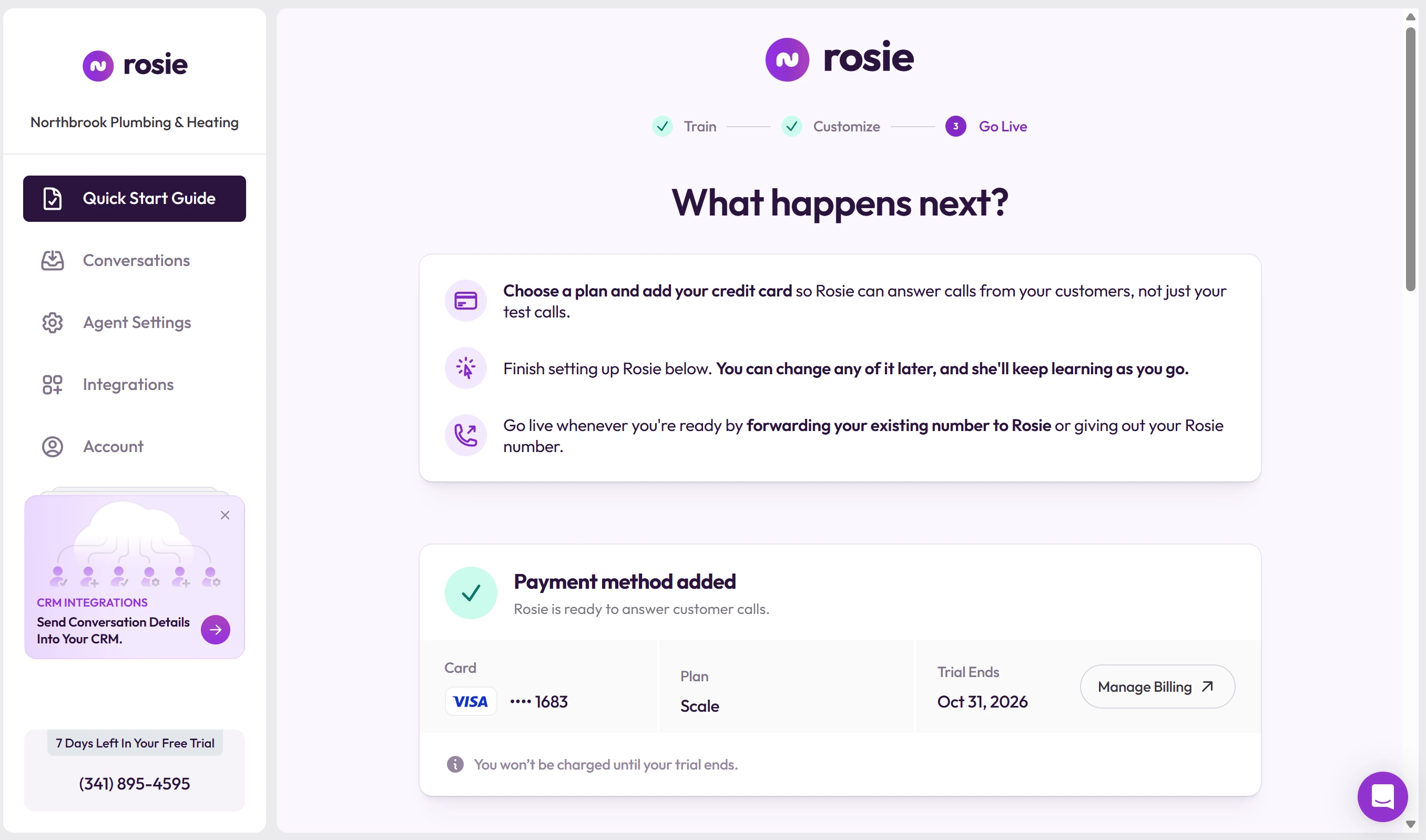 Rosie Go Live page with the Scale plan on a 7-day trial and a payment method added, trial ends 31 October