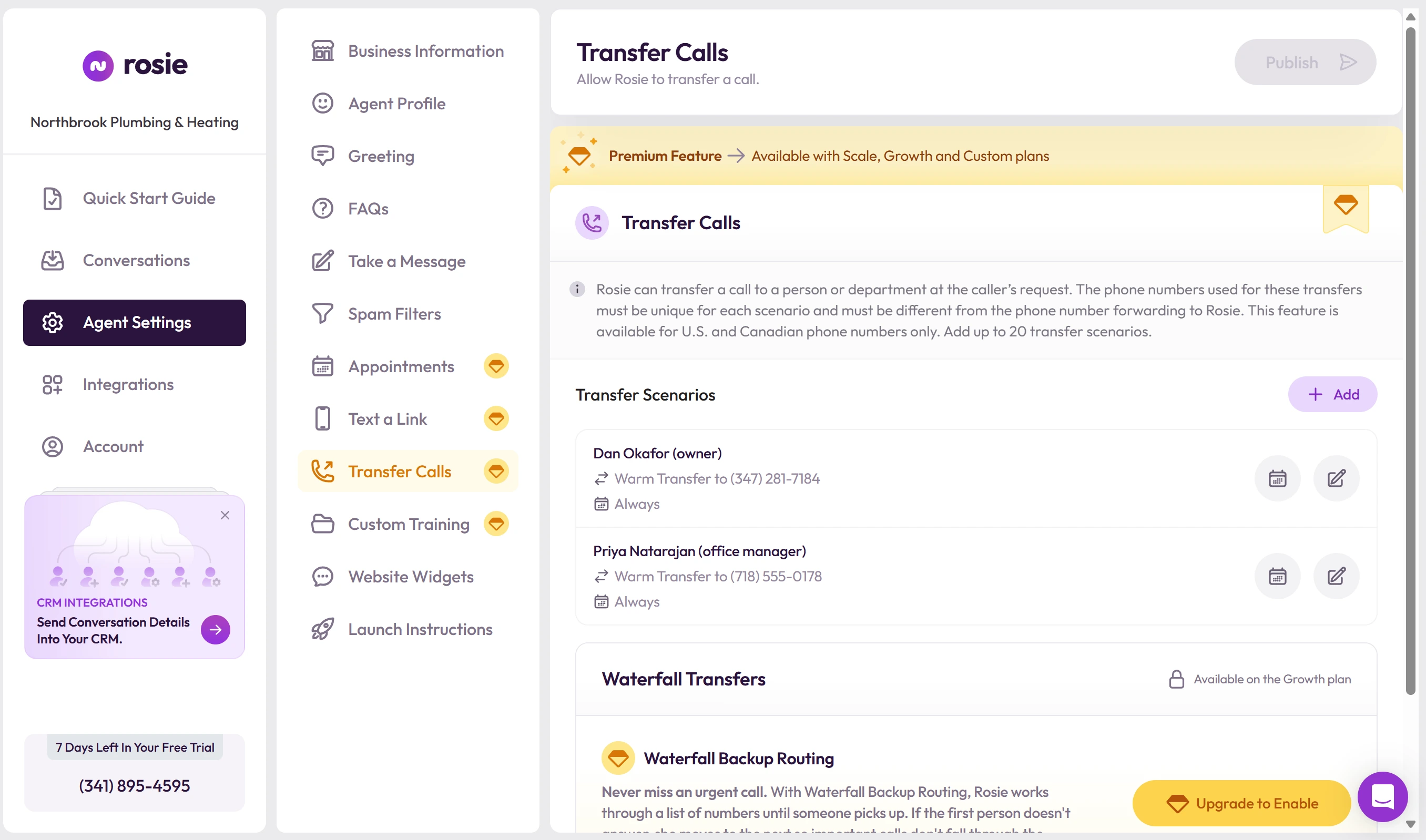 Rosie Transfer Calls settings with two warm transfer scenarios, Dan Okafor and Priya Natarajan