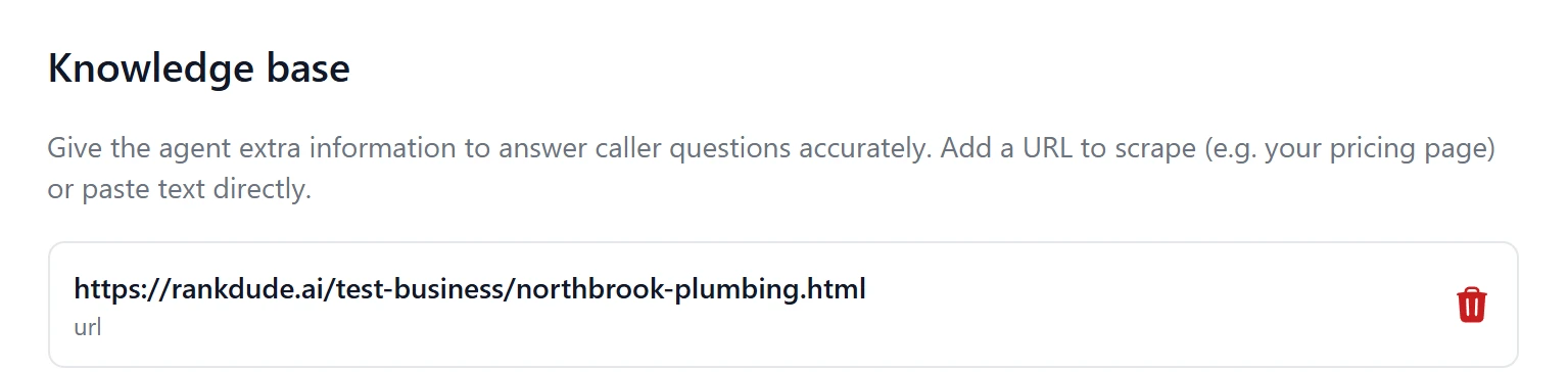 Simple Phones agent page, Knowledge base section, where the Northbrook Plumbing & Heating page address was added