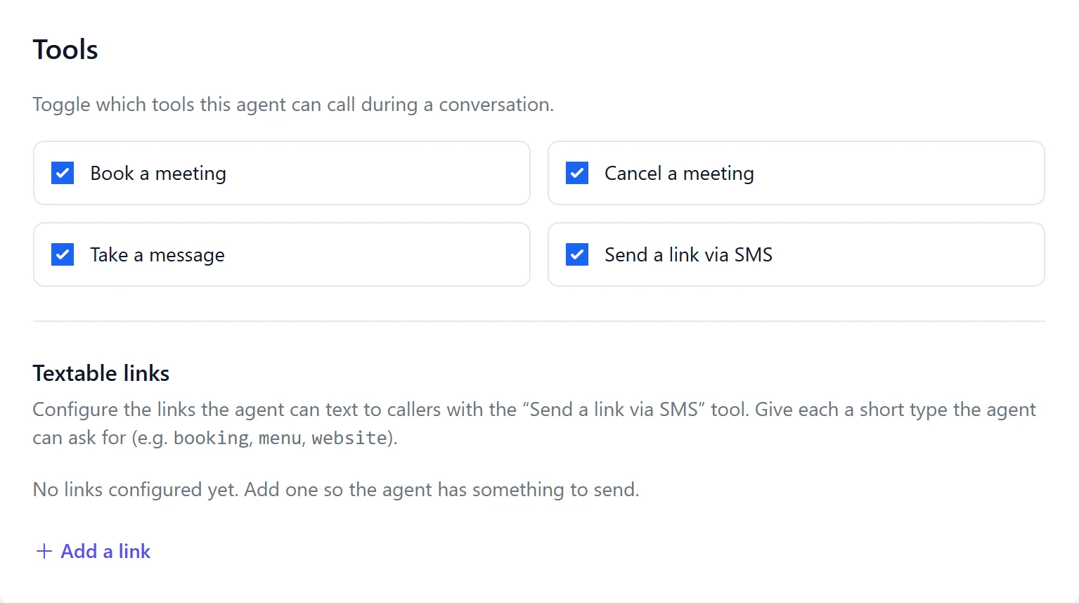 Simple Phones agent page, Tools section: Book a meeting, Cancel a meeting, Take a message and Send a link via SMS, all ticked