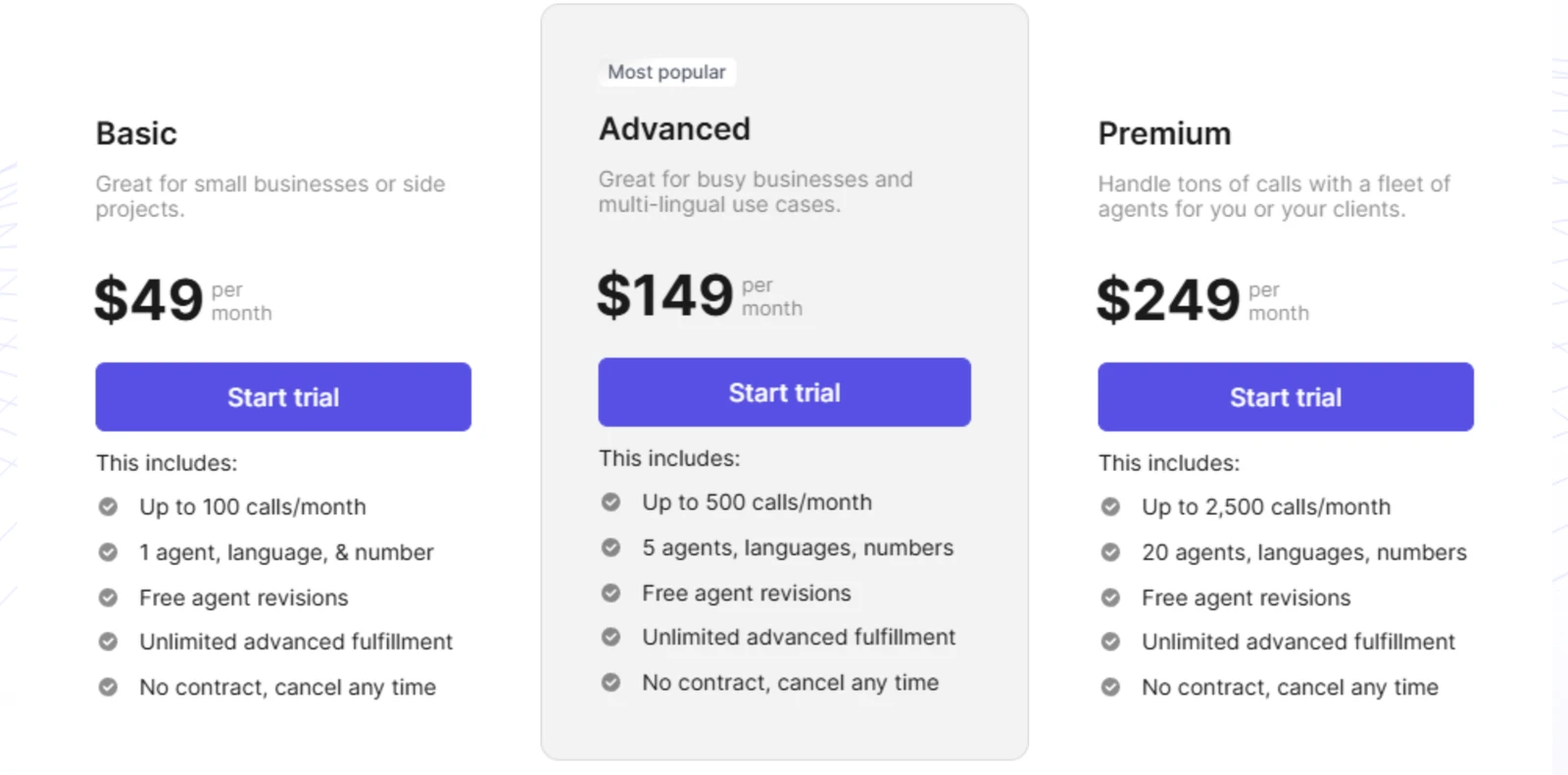 The pricing section of simplephones.ai with the Basic, Advanced and Premium plans