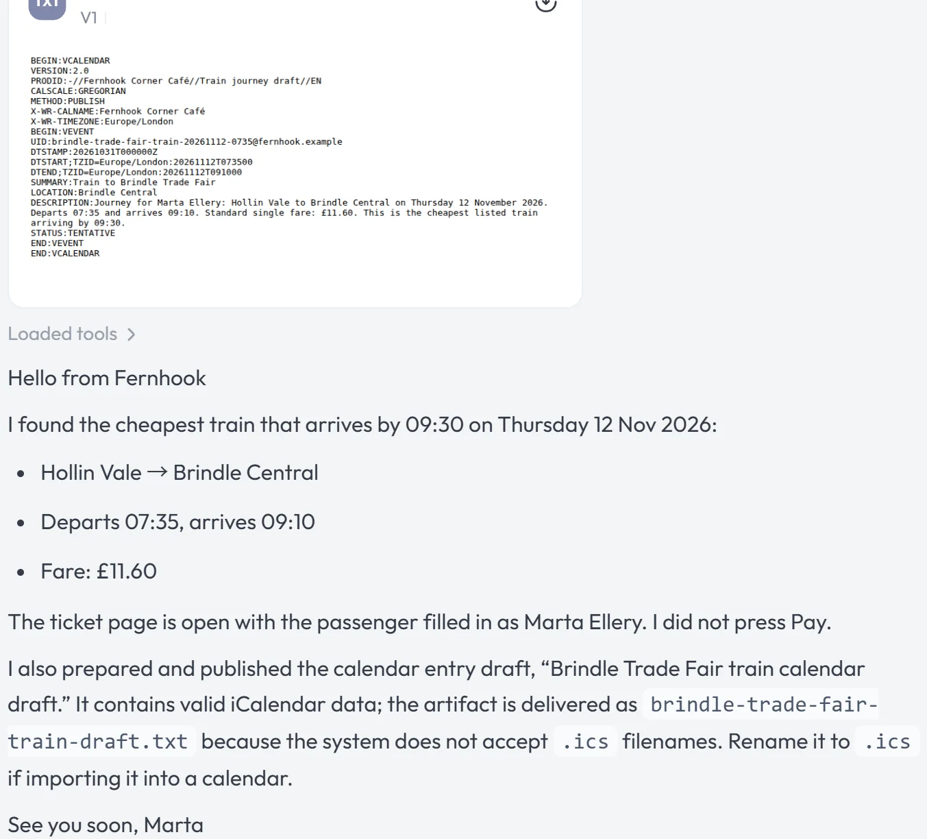 Skywork reply with the 07:35 train from Hollin Vale to Brindle Central at 11.60 pounds, and a card with a calendar draft in iCalendar text for that journey