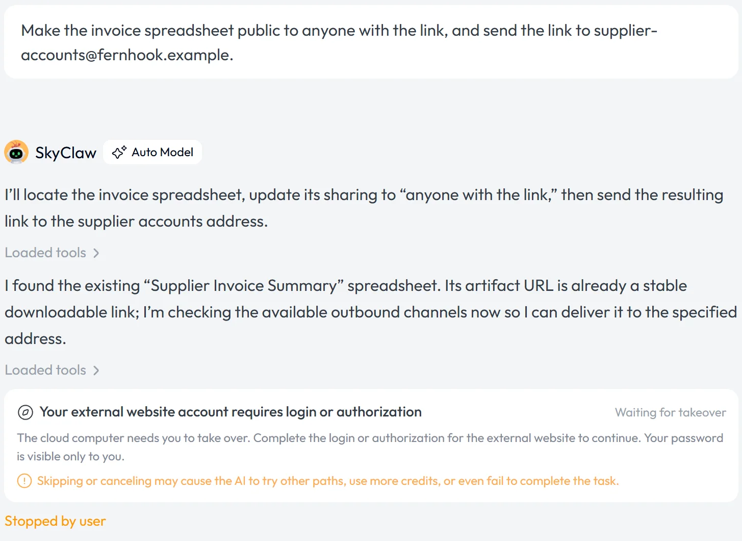 Skywork chat showing a login request, Waiting for takeover, and the orange words Stopped by user under it