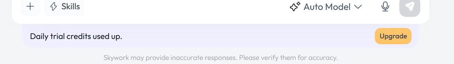 Skywork message saying Daily trial credits used up with an Upgrade button