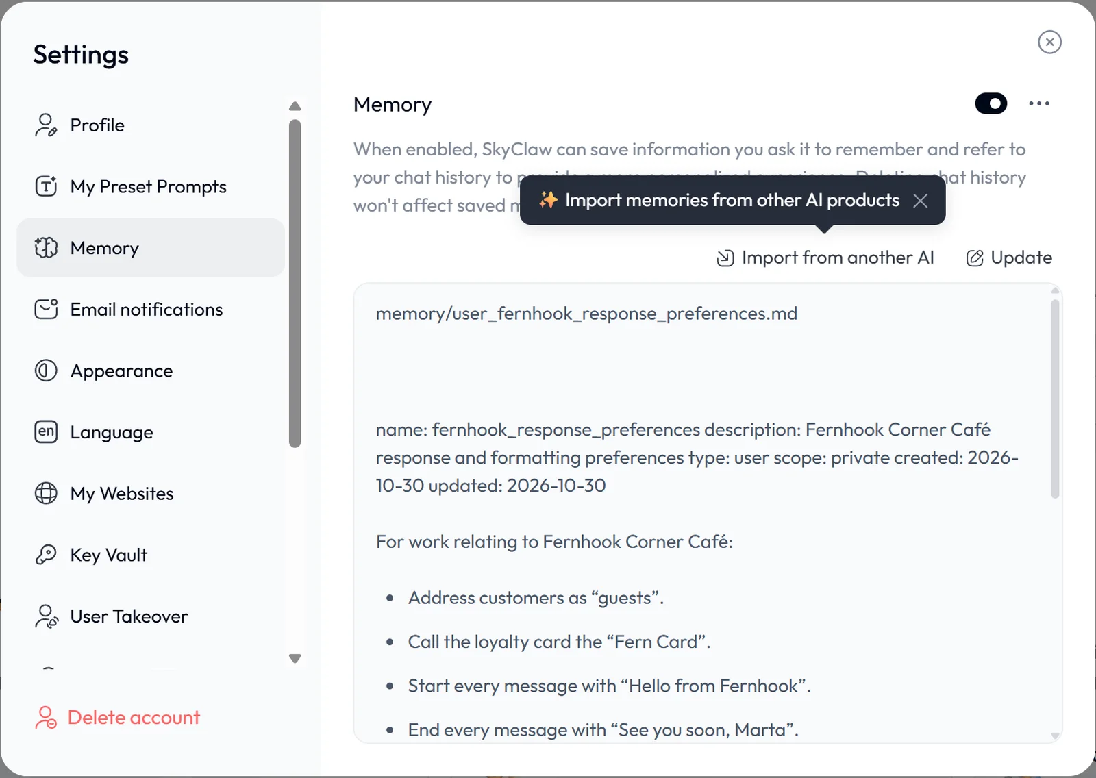 Skywork Memory settings with an on switch and a stored file listing the café rules, such as call customers guests and call the loyalty card the Fern Card