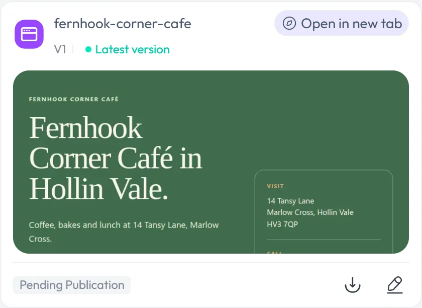 Skywork card for the café website with a green preview showing the headline Fernhook Corner Café in Hollin Vale and the label Pending Publication
