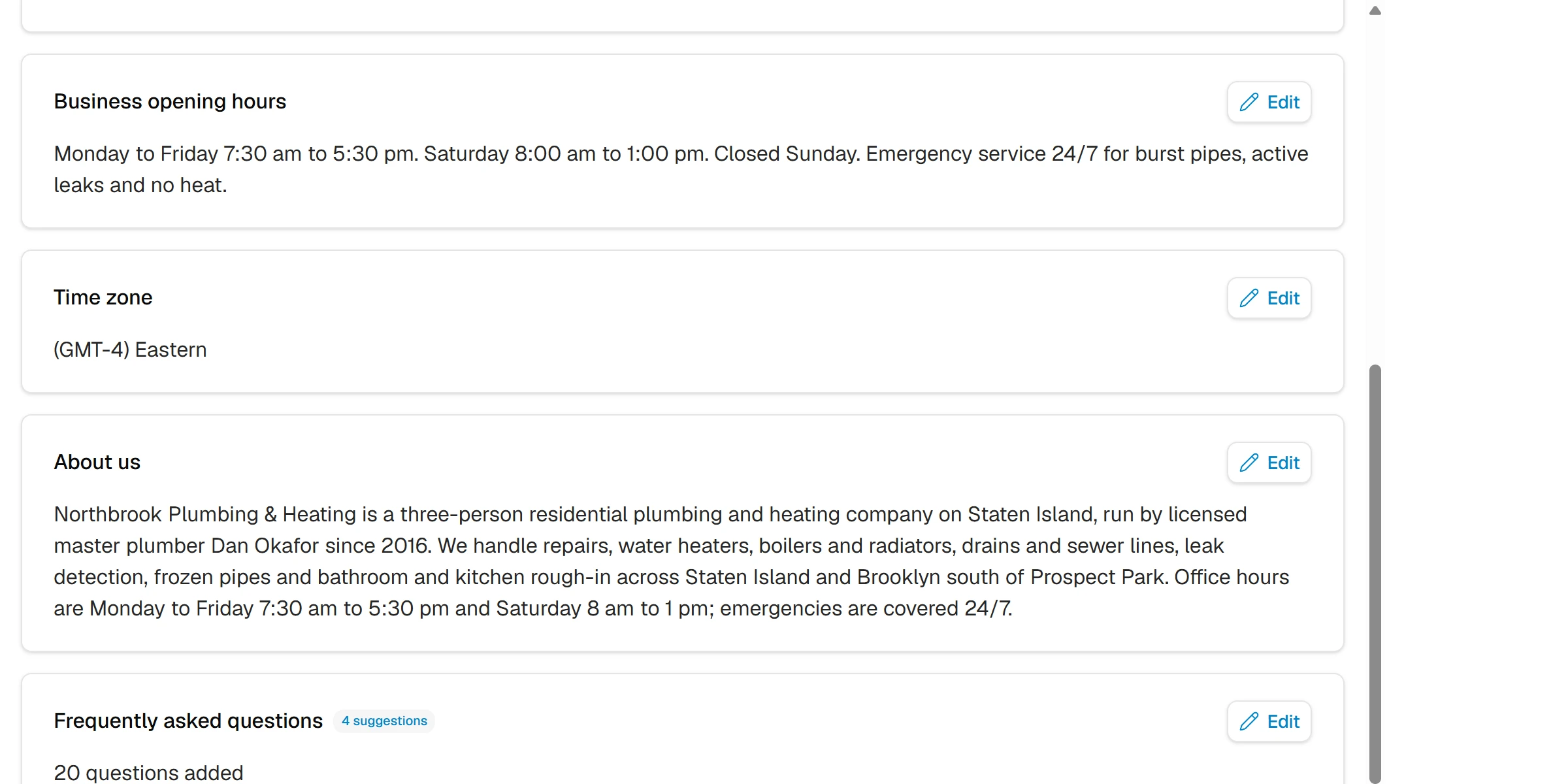 Smith.ai Business Profile page showing 20 FAQs saved for Northbrook Plumbing & Heating