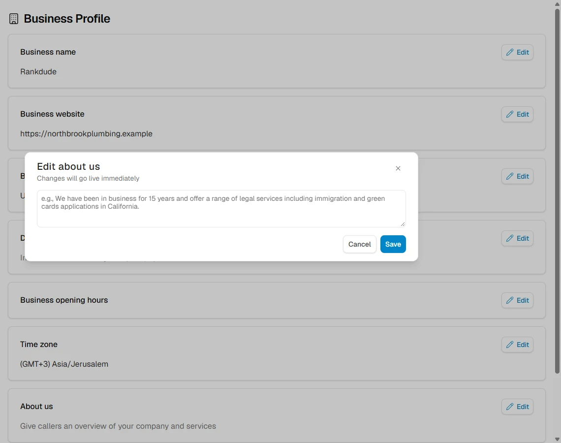 Smith.ai Business Profile page before editing, showing default name, address and time zone