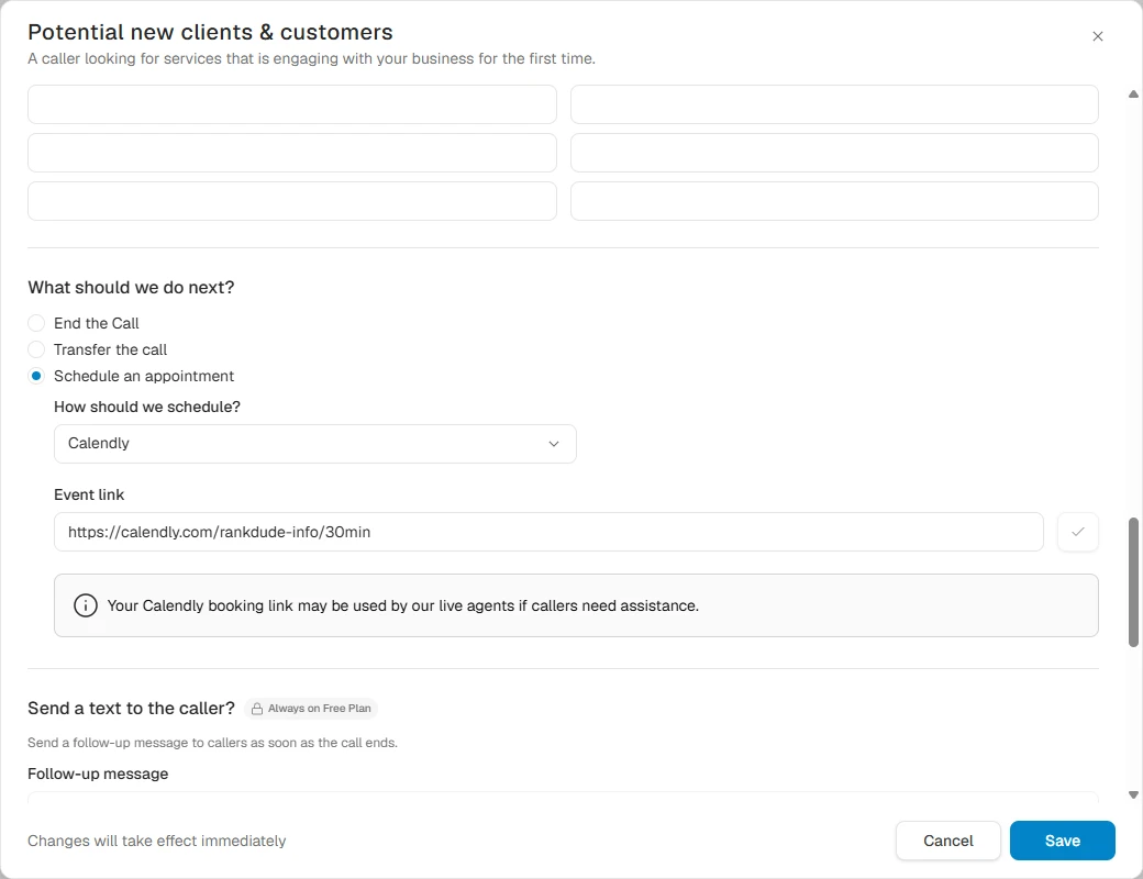 Smith.ai scheduling settings with the Calendly event link verified