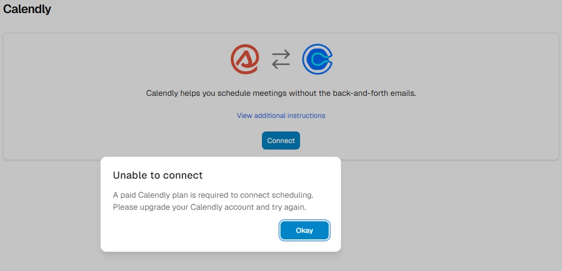 Smith.ai Calendly integration page with an Unable to connect dialog requiring a paid Calendly plan