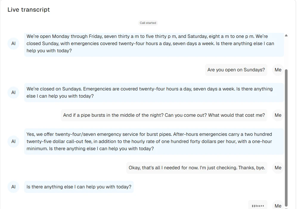 Smith.ai Quality Studio live transcript at the end of the hours-and-emergencies test call