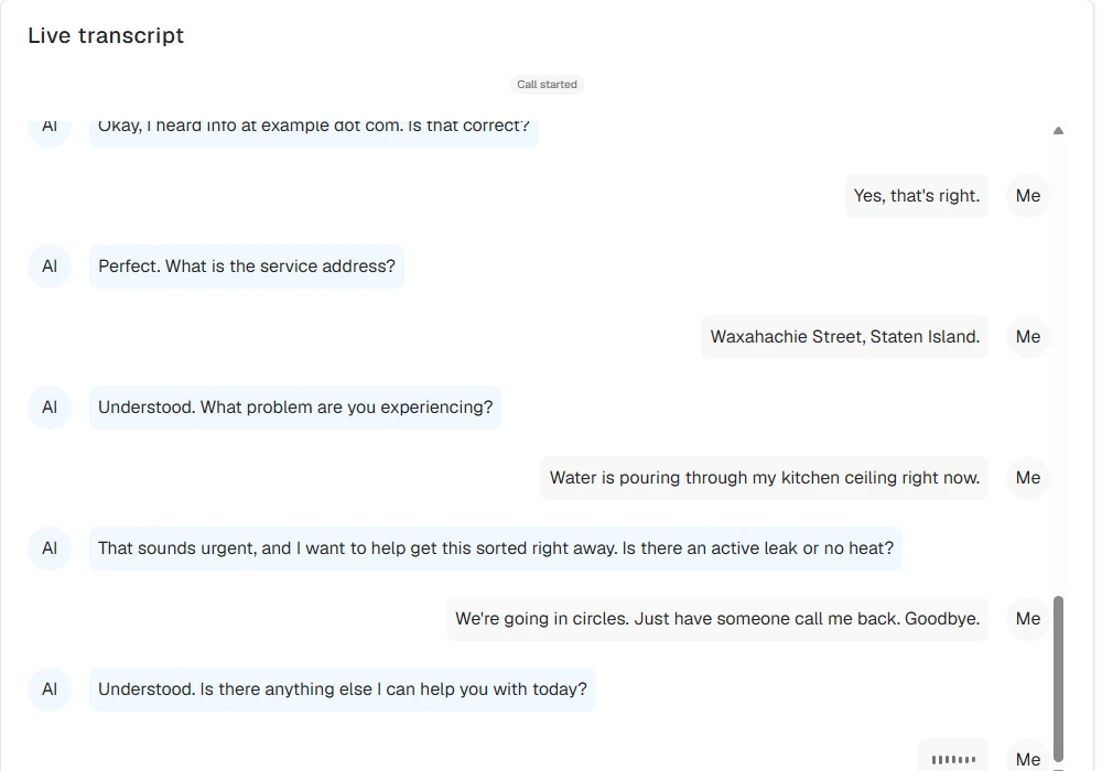 Smith.ai live transcript of the ceiling leak call showing the misheard street name