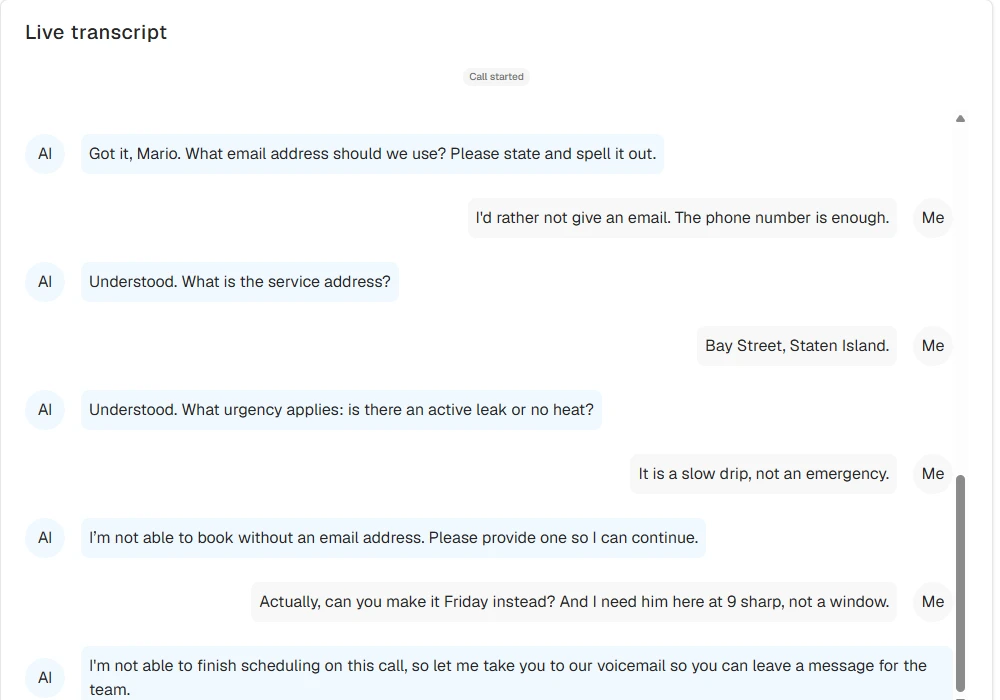 Smith.ai live transcript of the faucet booking call ending with the email requirement