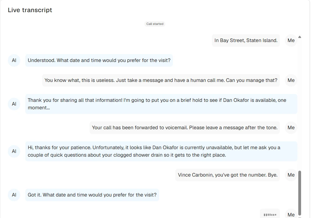 Smith.ai live transcript of the rude caller test showing the failed hold for Dan Okafor