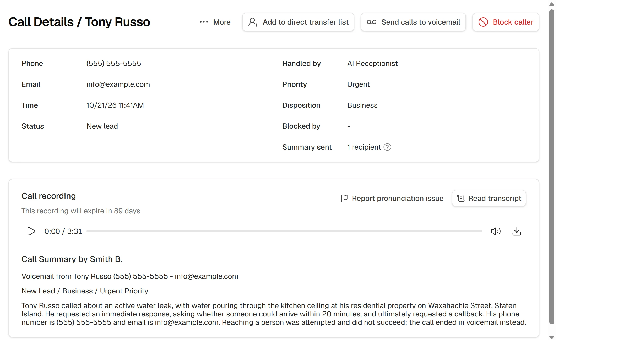 Smith.ai call detail page with the recording player and summary section