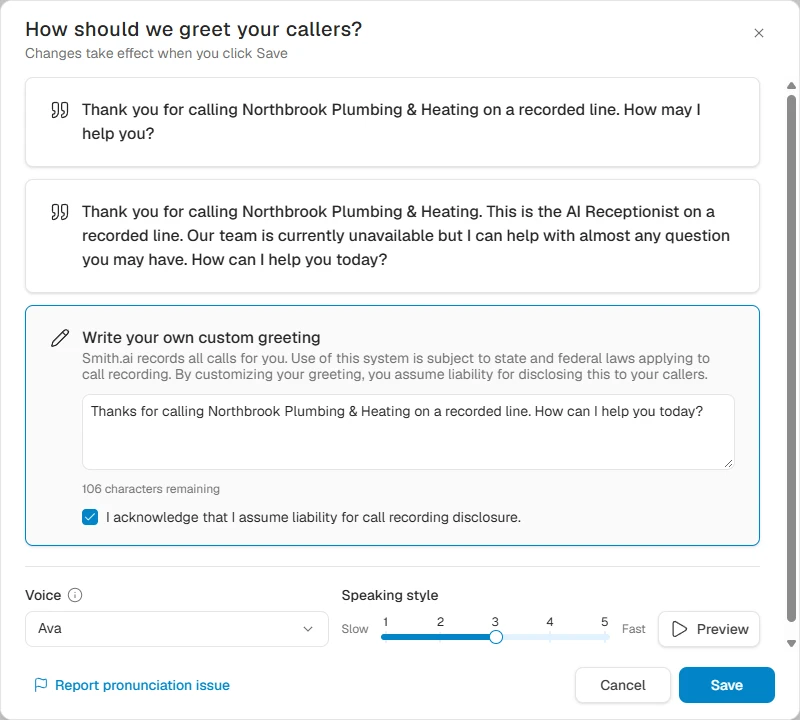 Smith.ai greeting dialog with the call recording disclosure liability acknowledgement