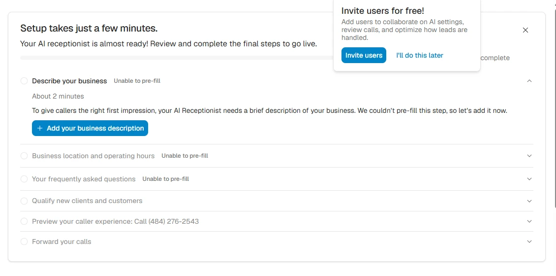 Smith.ai dashboard setup checklist showing Unable to pre-fill for business description, hours and FAQs