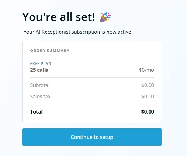 Smith.ai order summary for the Free plan showing 25 calls at zero dollars