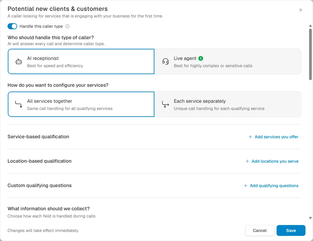 Smith.ai potential new clients dialog with qualification and collection settings