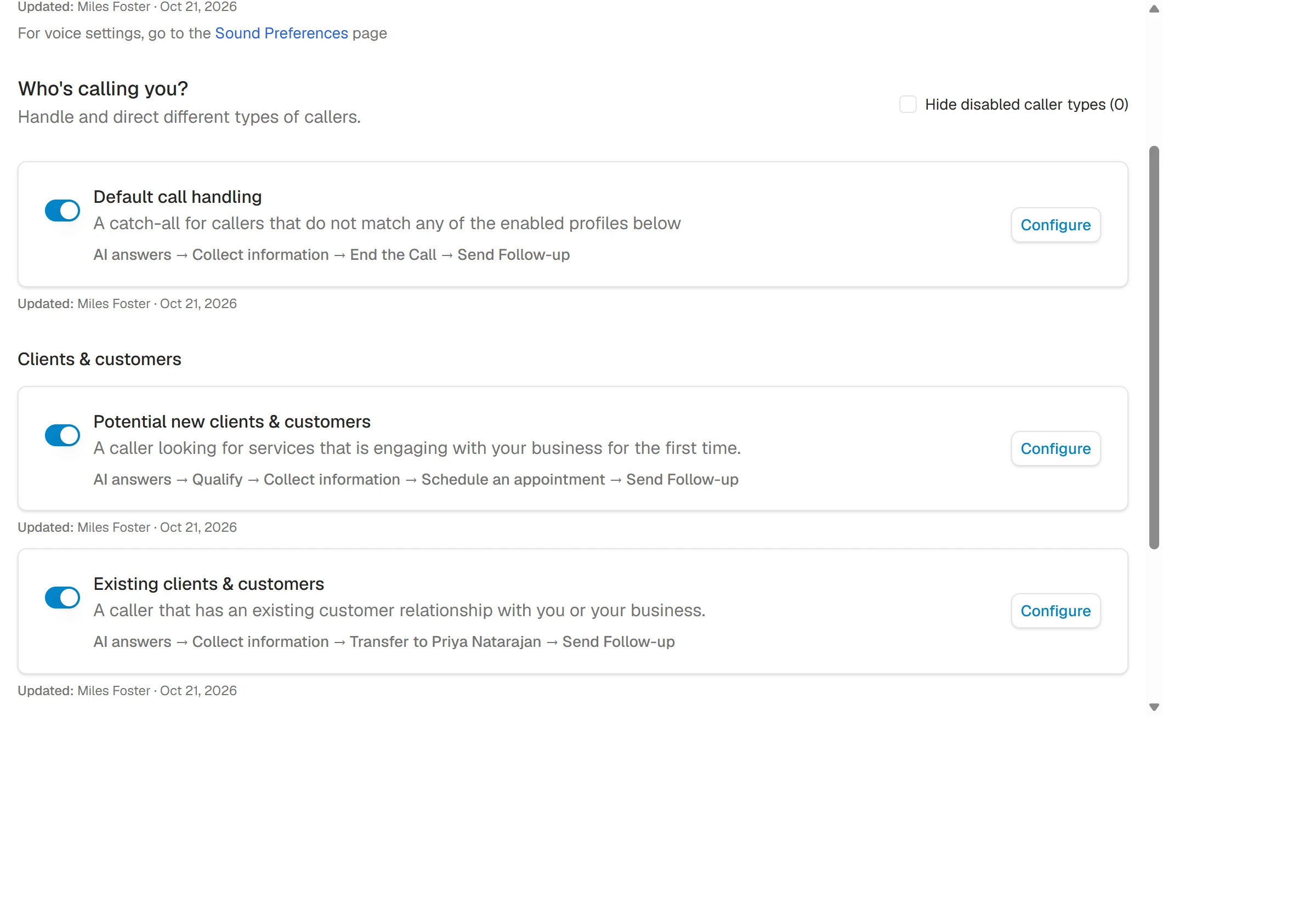 Smith.ai Caller Instructions showing the new-client flow ending in Schedule an appointment