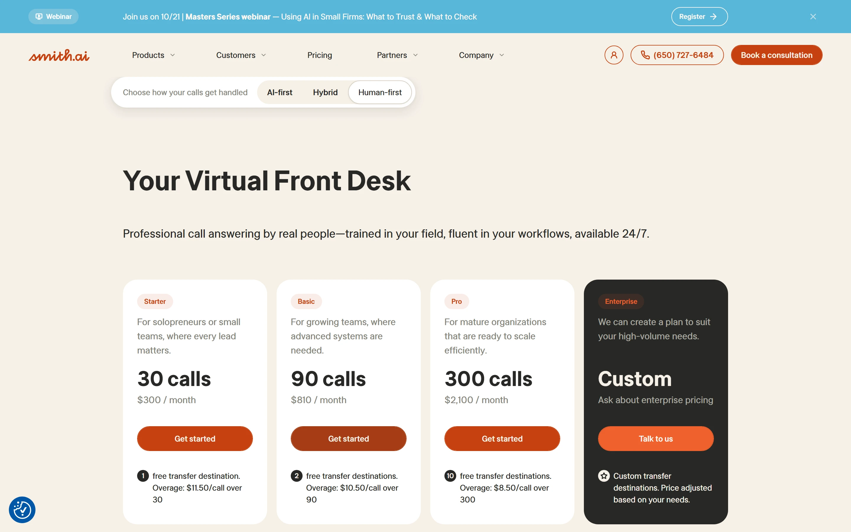 Smith.ai pricing page on the default Human-first tab