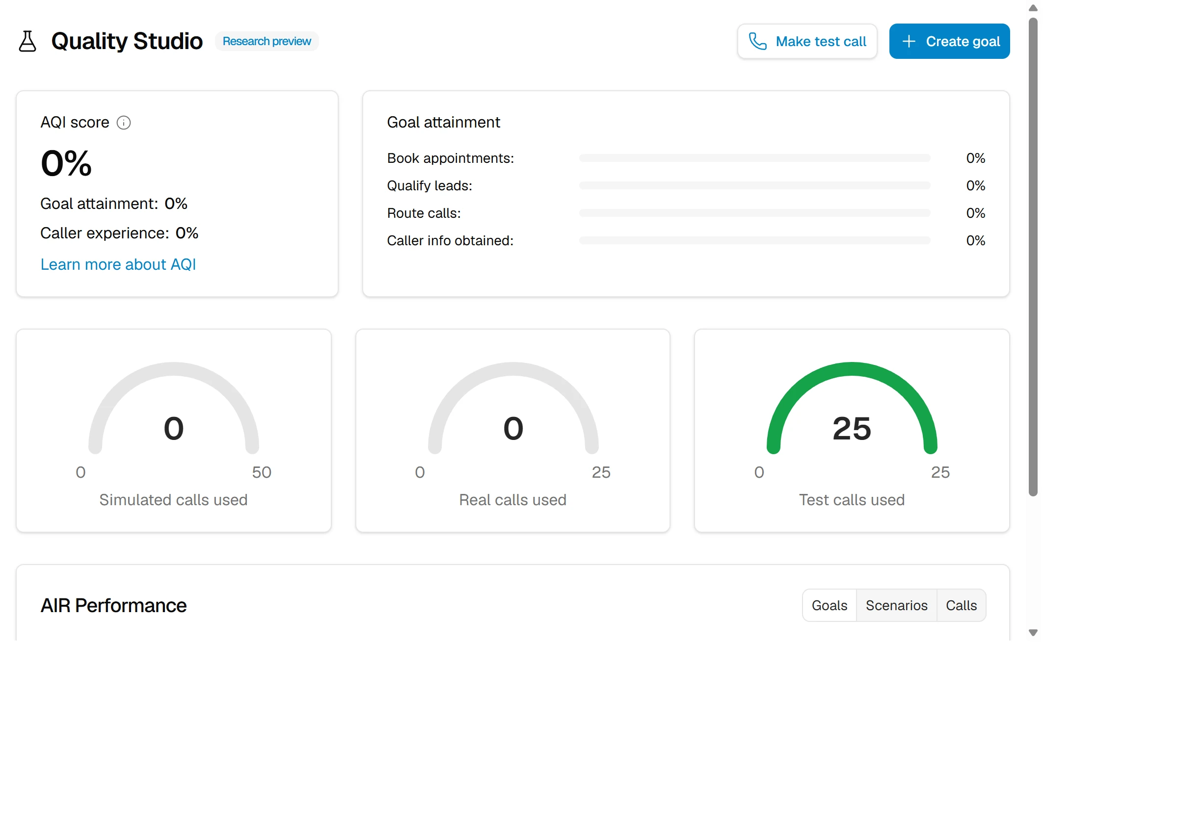 Smith.ai Quality Studio page showing the monthly test call allowance used