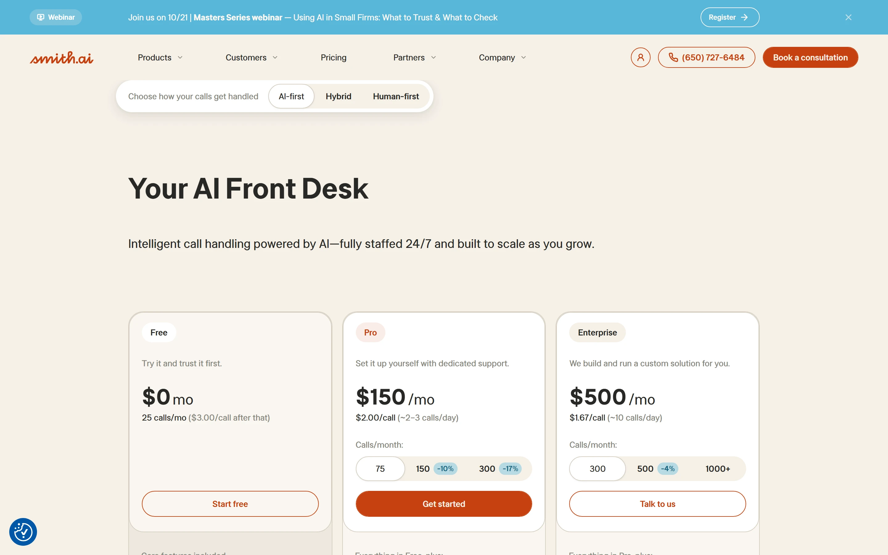Smith.ai AI receptionist pricing page with Free, Pro and Enterprise plans